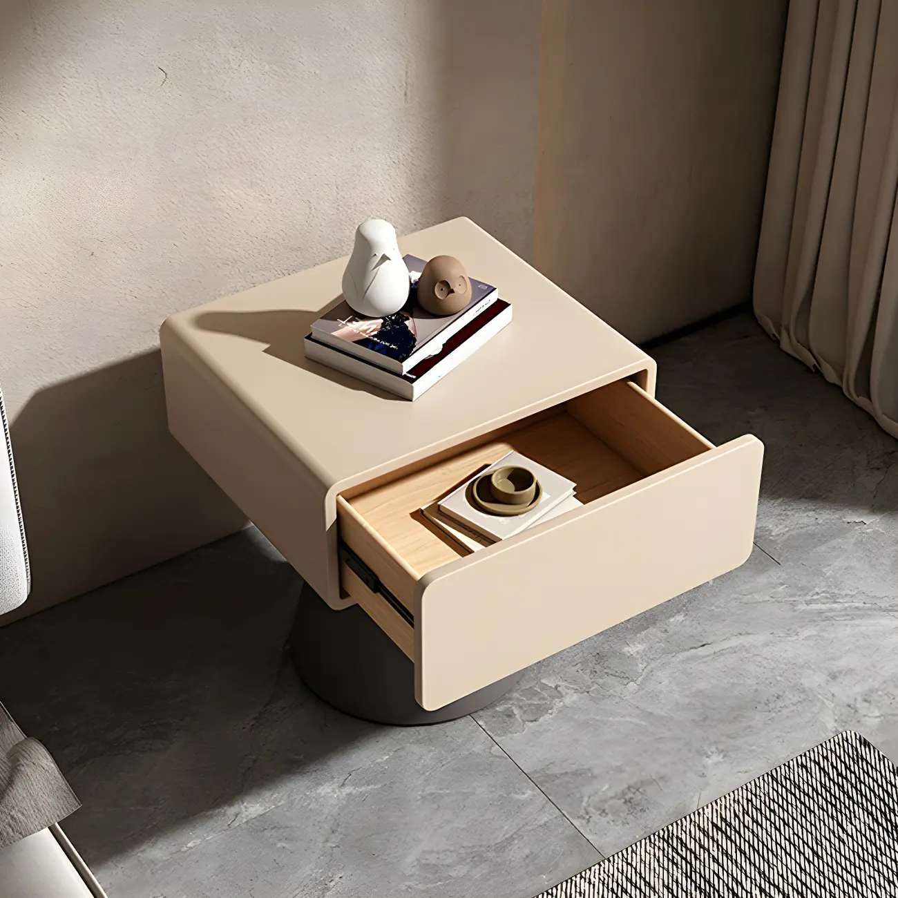 Minimalist Wood Beige Dark Gray Drawer Nightstand Image - 8 | homeyfad