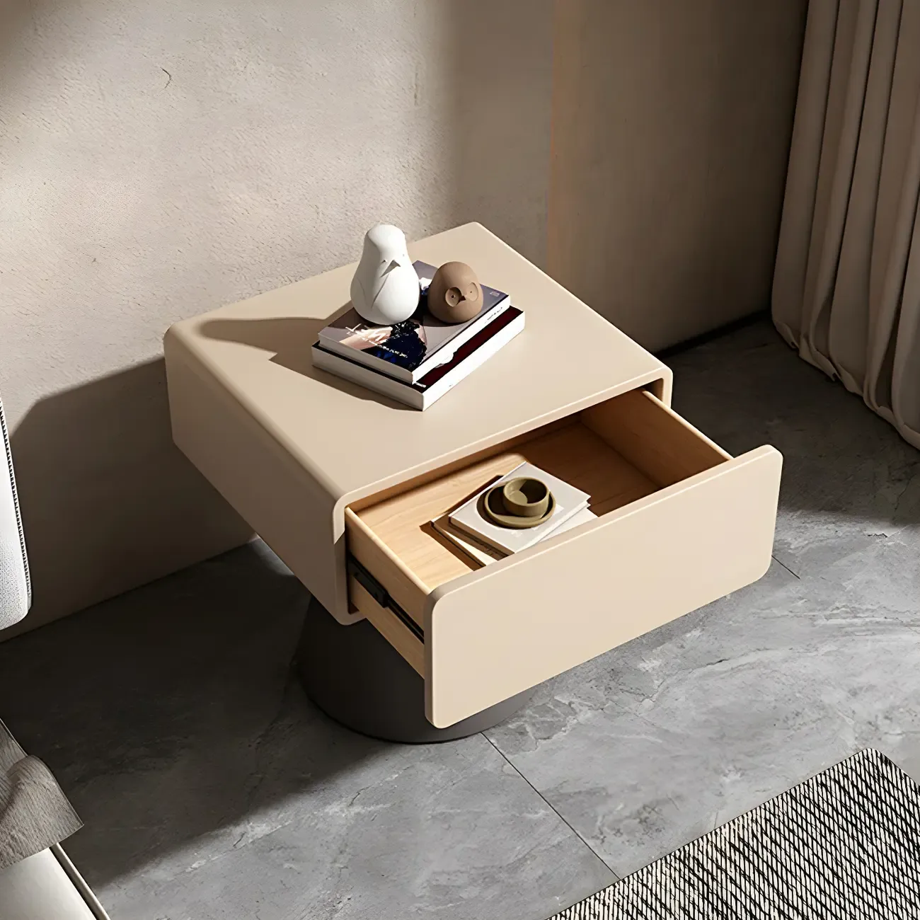 Minimalist Wood Beige Dark Gray Drawer Nightstand Image - 8