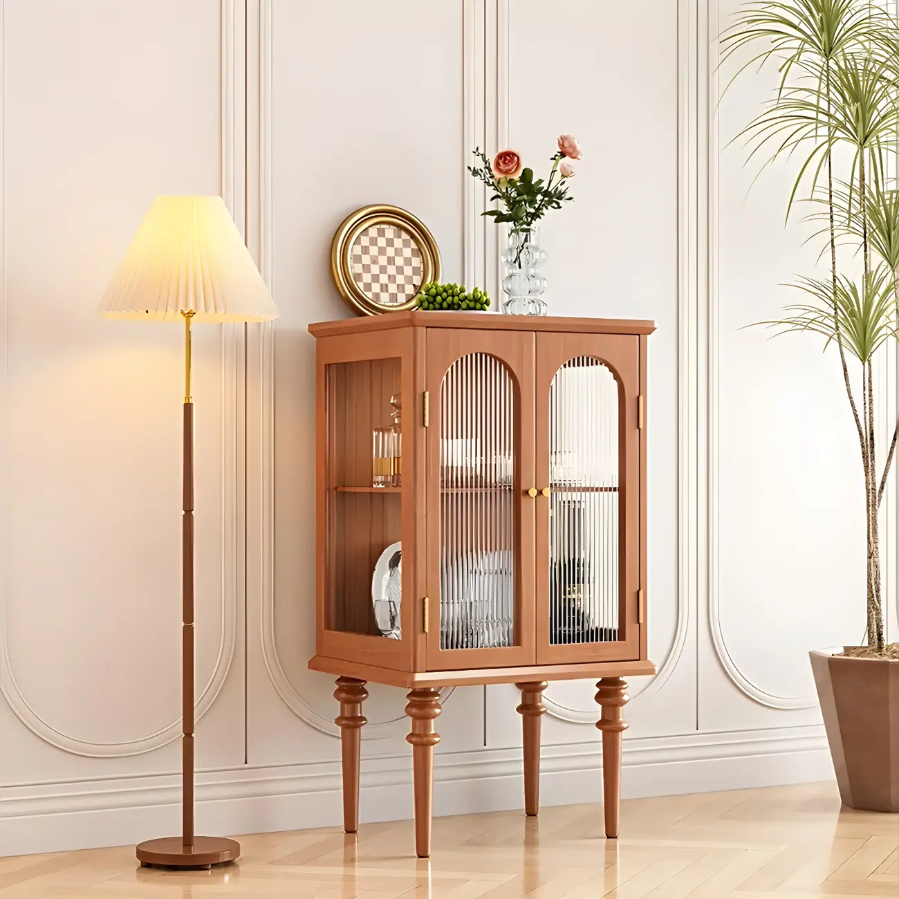 Classic Rubberwood Glass Living Room Storage Cabinet Image - 4 | homeyfad