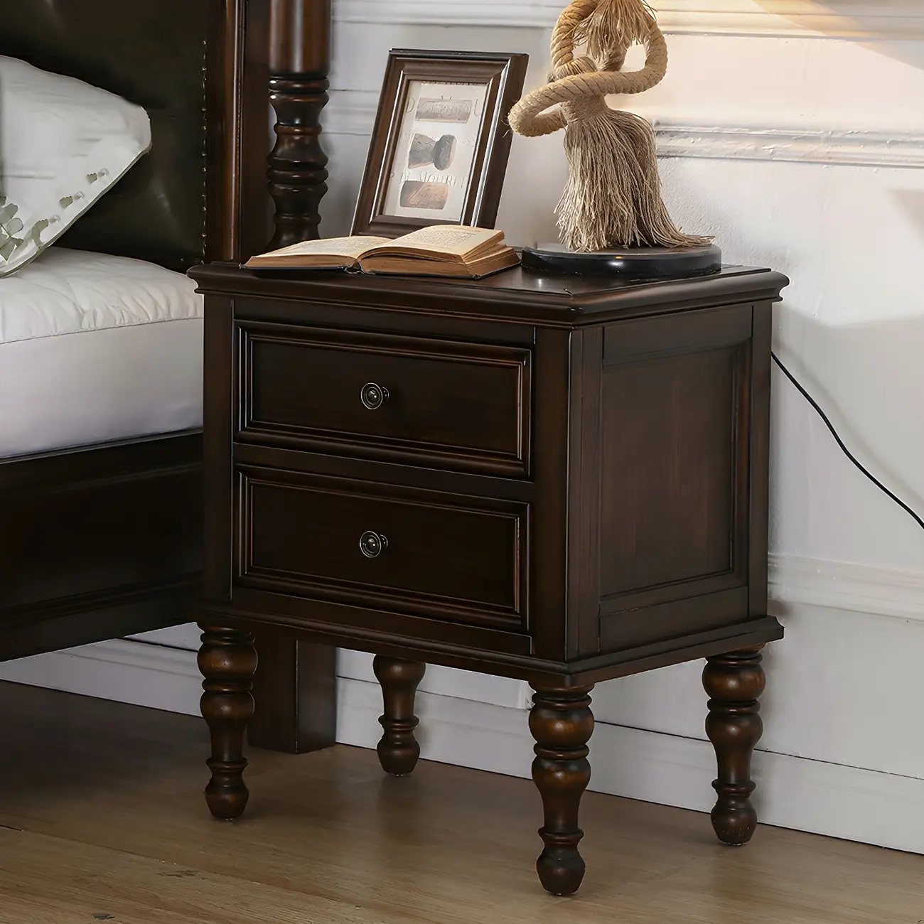 Classic Brown Espresso Wood 2-Drawer Standard Nightstand Image - 3 | homeyfad
