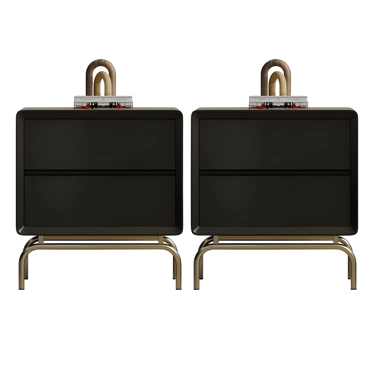 Classic Black Wood 2 Drawers Nightstand with Silver Metal Base Image - 5 | homeyfad