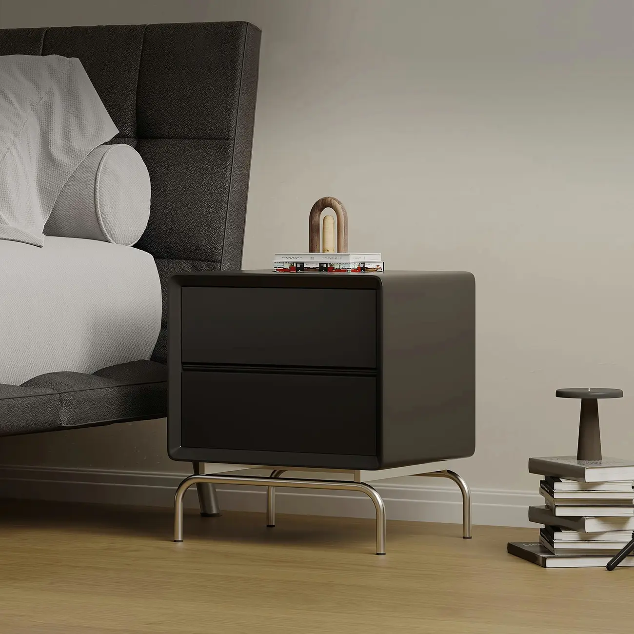 Classic Black Wood 2 Drawers Nightstand with Silver Metal Base Image - 3 | homeyfad