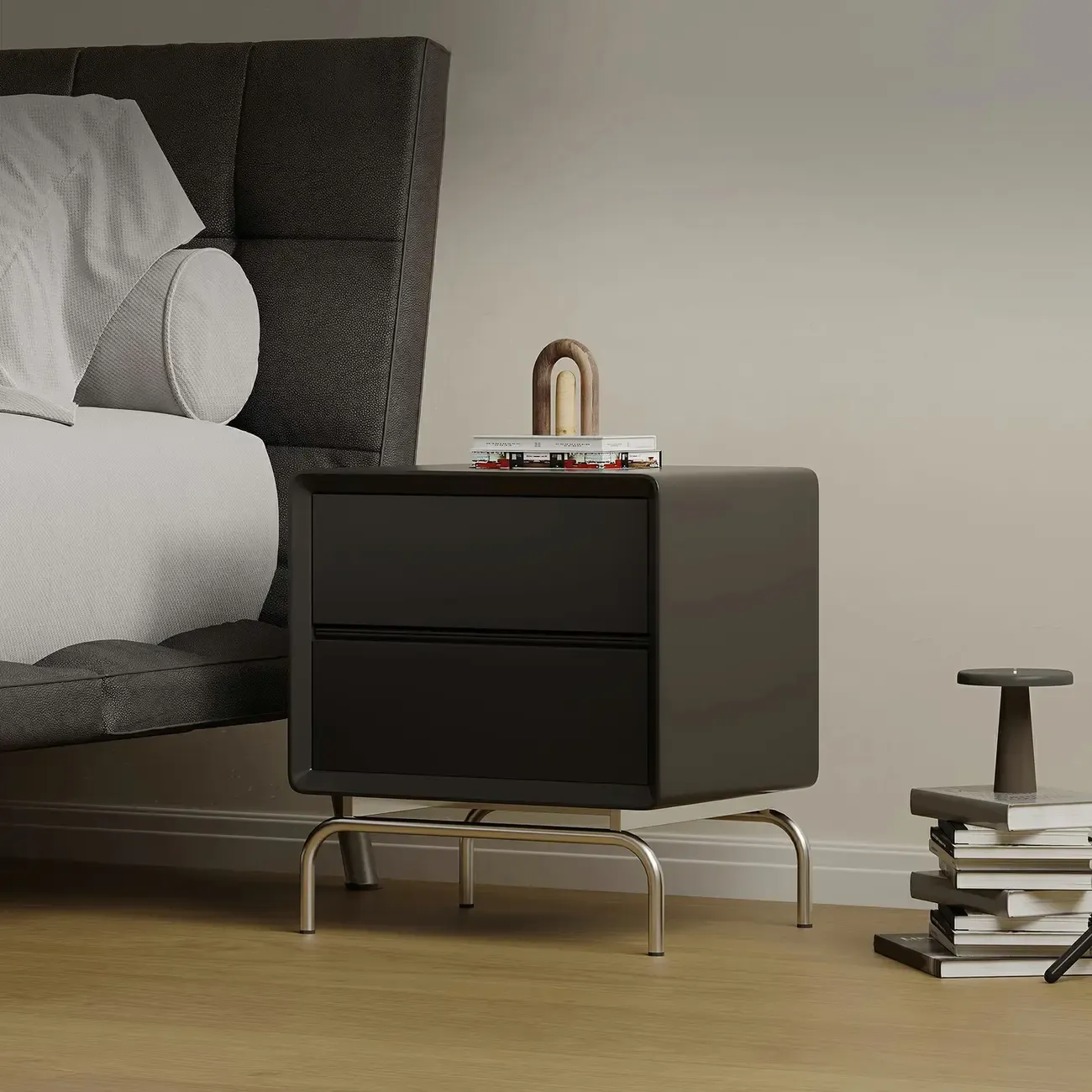 Classic Black Wood 2 Drawers Nightstand with Silver Metal Base Image - 3