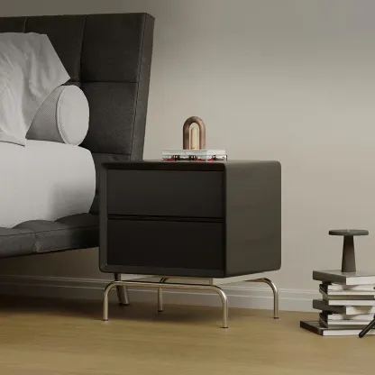 Classic Black Wood 2 Drawers Nightstand with Silver Metal Base Image - 3