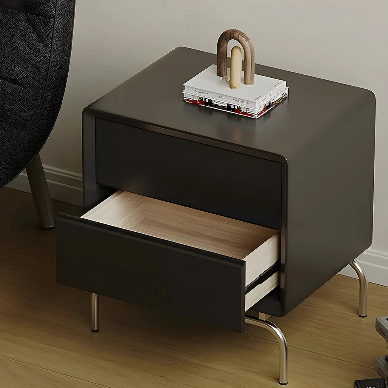 Classic Black Wood 2 Drawers Nightstand with Silver Metal Base Image - 10 | homeyfad