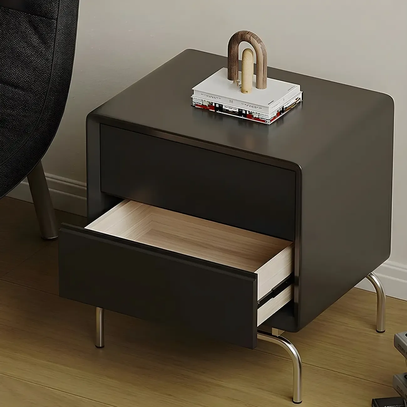 Classic Black Wood 2 Drawers Nightstand with Silver Metal Base Image - 10