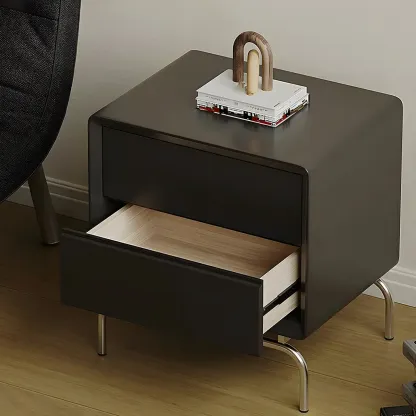 Classic Black Wood 2 Drawers Nightstand with Silver Metal Base Image - 10