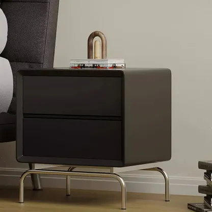 Classic Black Wood 2 Drawers Nightstand with Silver Metal Base Image - 4