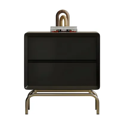 Classic Black Wood 2 Drawers Nightstand with Silver Metal Base Image - 6