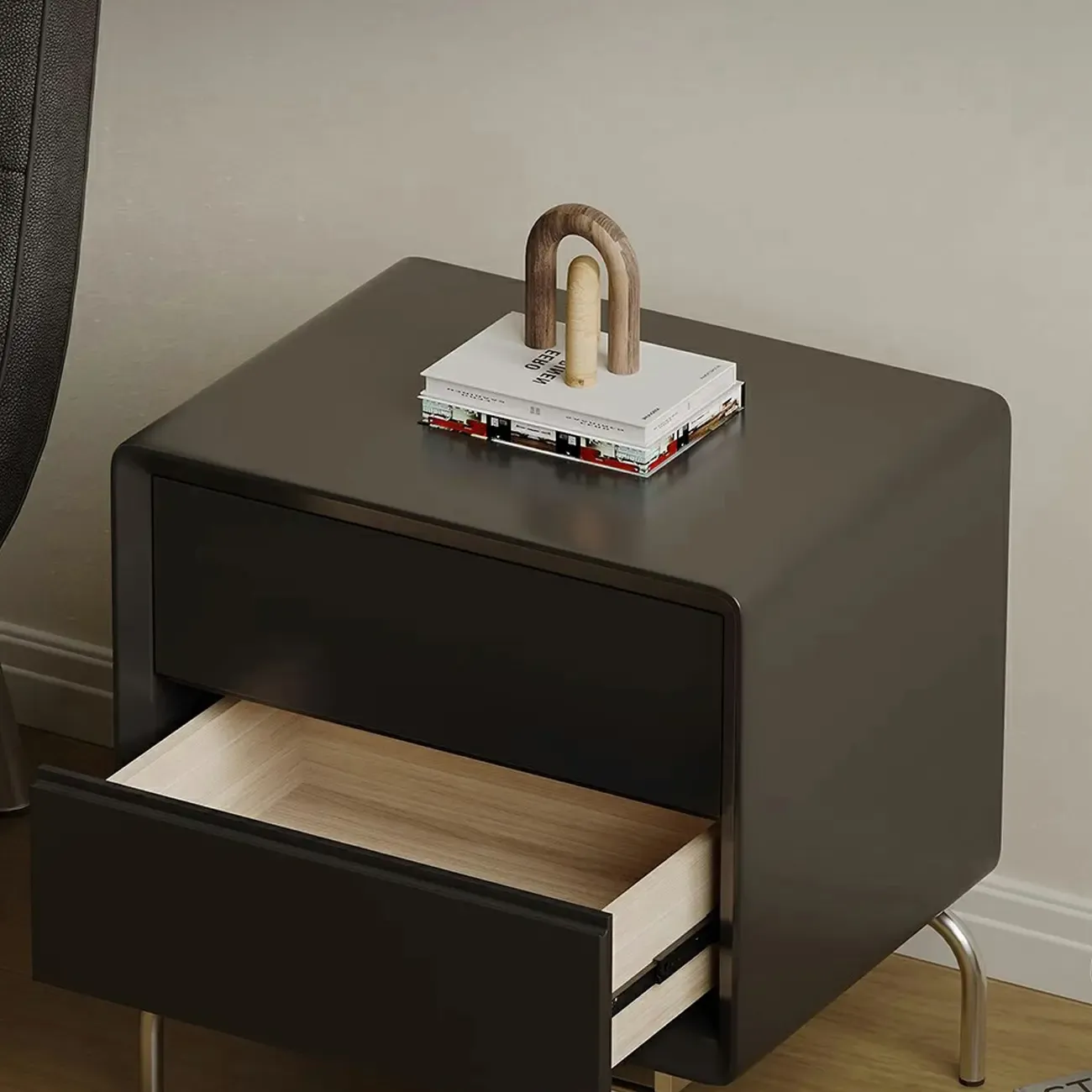 Classic Black Wood 2 Drawers Nightstand with Silver Metal Base Image - 9