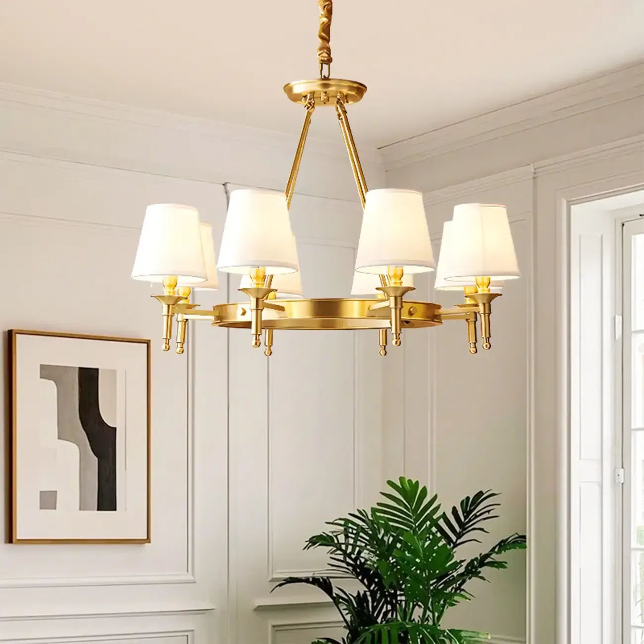 Multi-light Elegant Gold Chandelier with Fabric Shade Image - 4