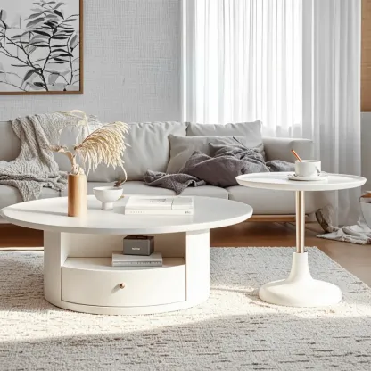 White Round Modern Wood Coffee Table with Storage Image - 1