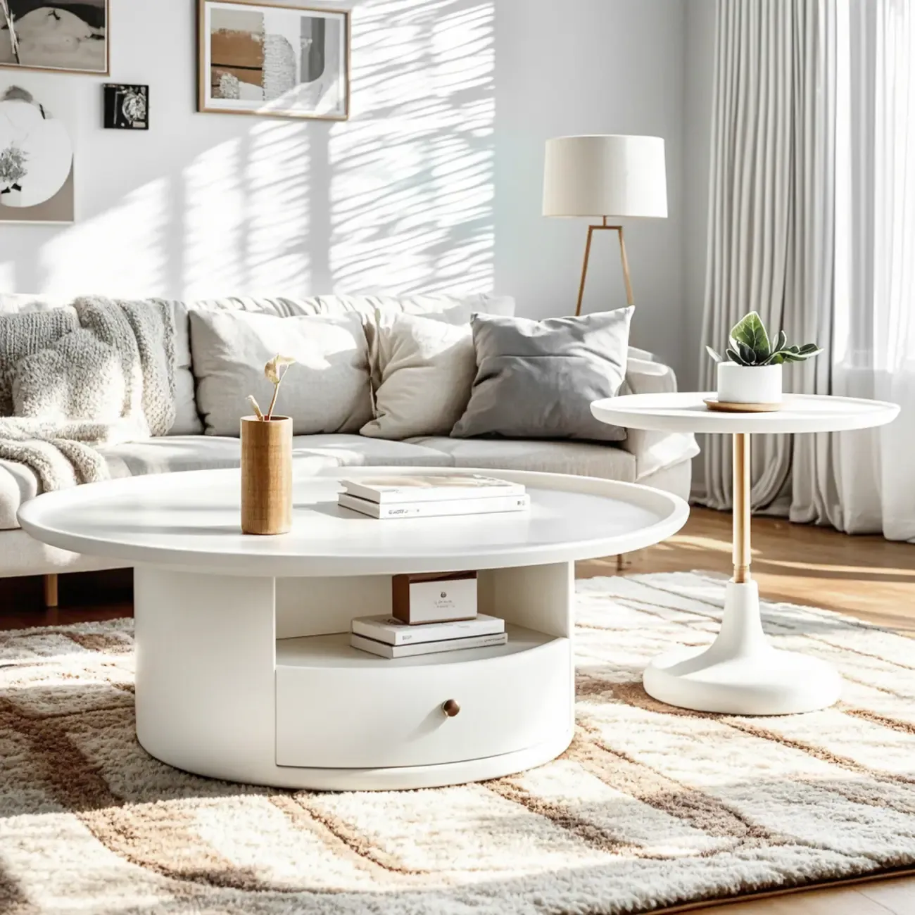 White Round Modern Wood Coffee Table with Storage Image - 2