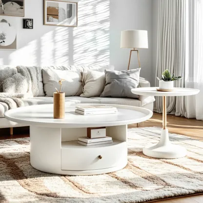 White Round Modern Wood Coffee Table with Storage Image - 2