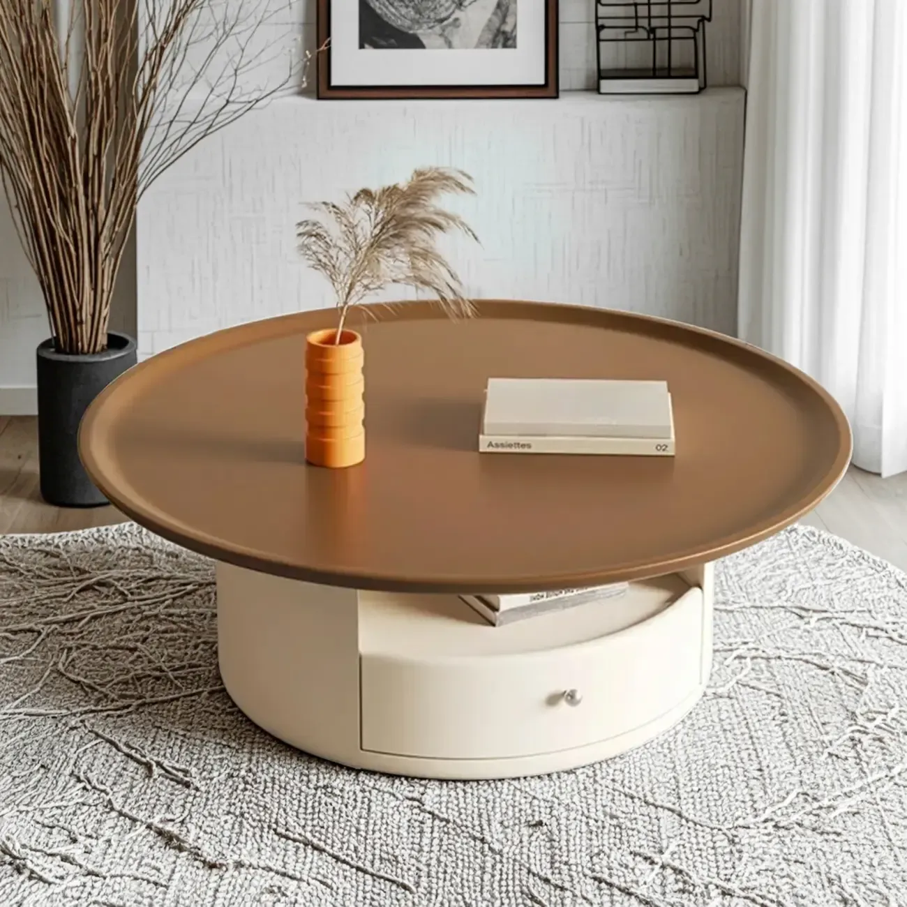White Round Modern Wood Coffee Table with Storage Image - 3
