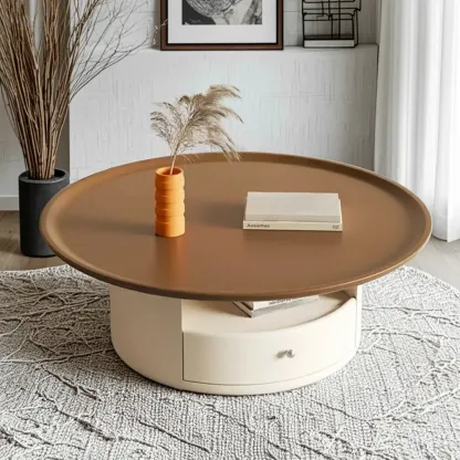 White Round Modern Wood Coffee Table with Storage Image - 3