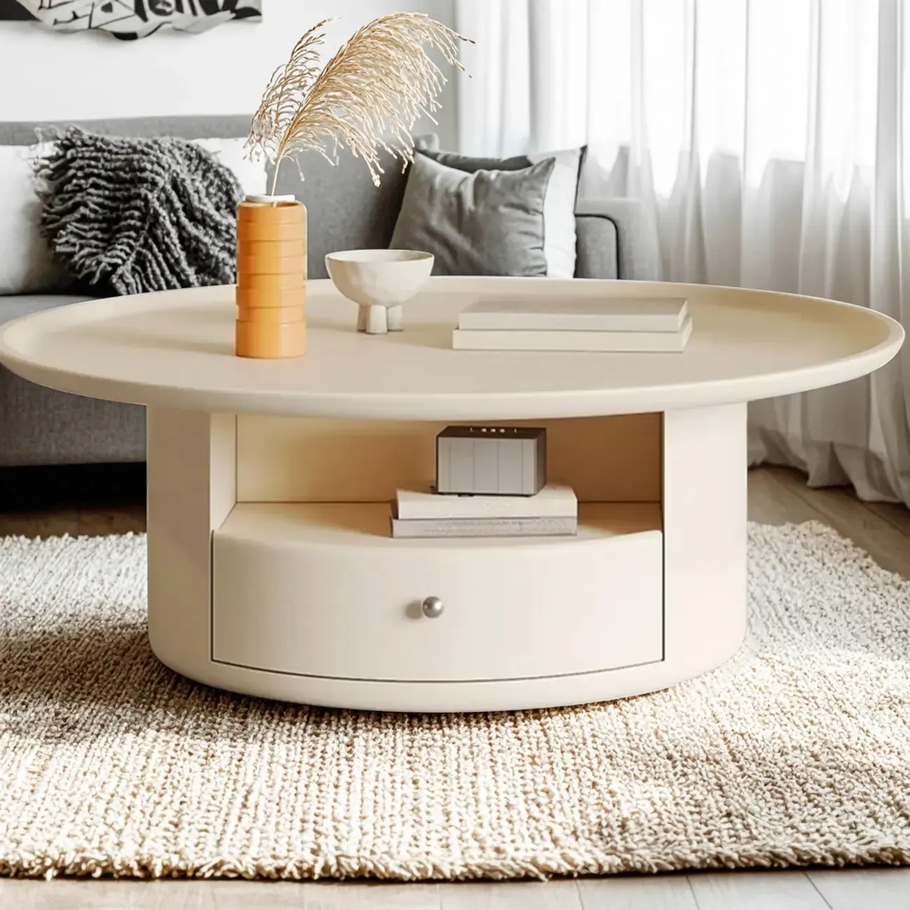 White Round Modern Wood Coffee Table with Storage Image - 4