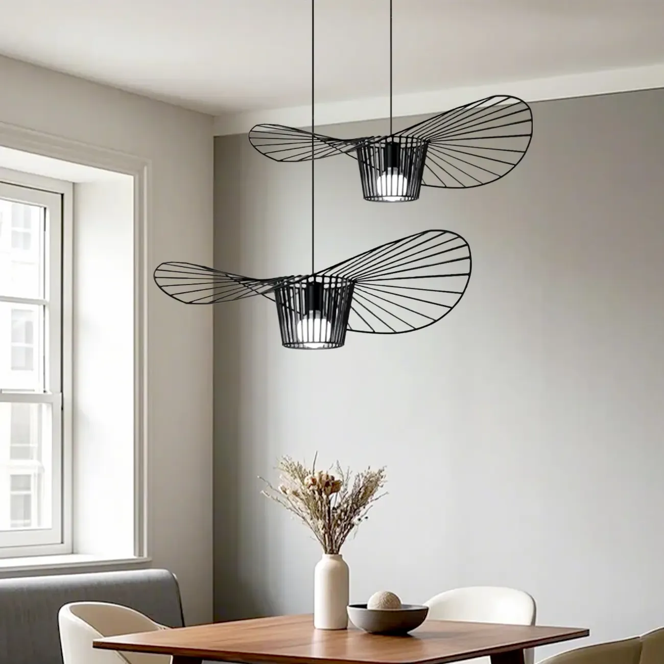 Minimalist Black Linear Metal Pendant Lamp with Lotus Leaf for Home Decor Image - 2