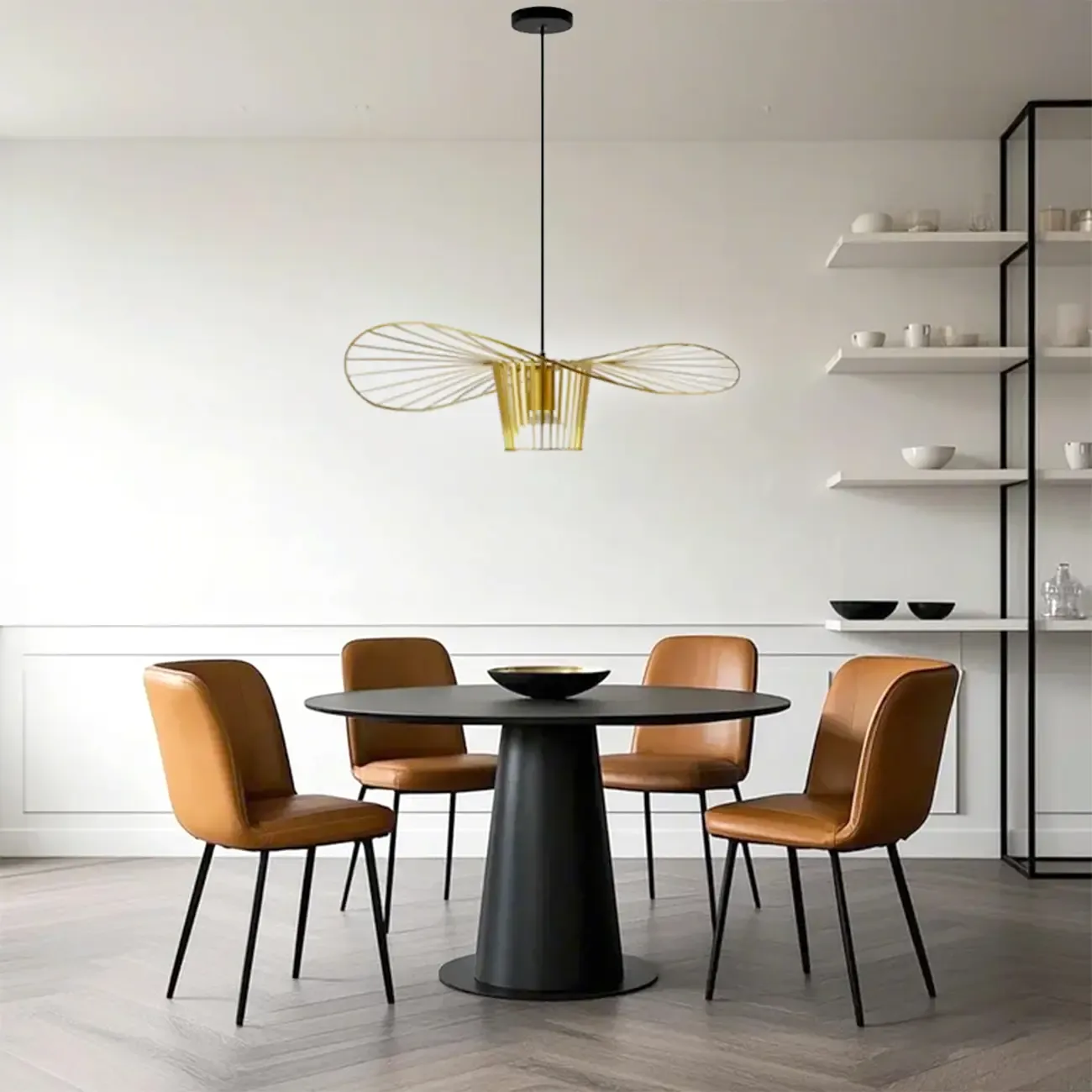 Minimalist Black Linear Metal Pendant Lamp with Lotus Leaf for Home Decor Image - 4