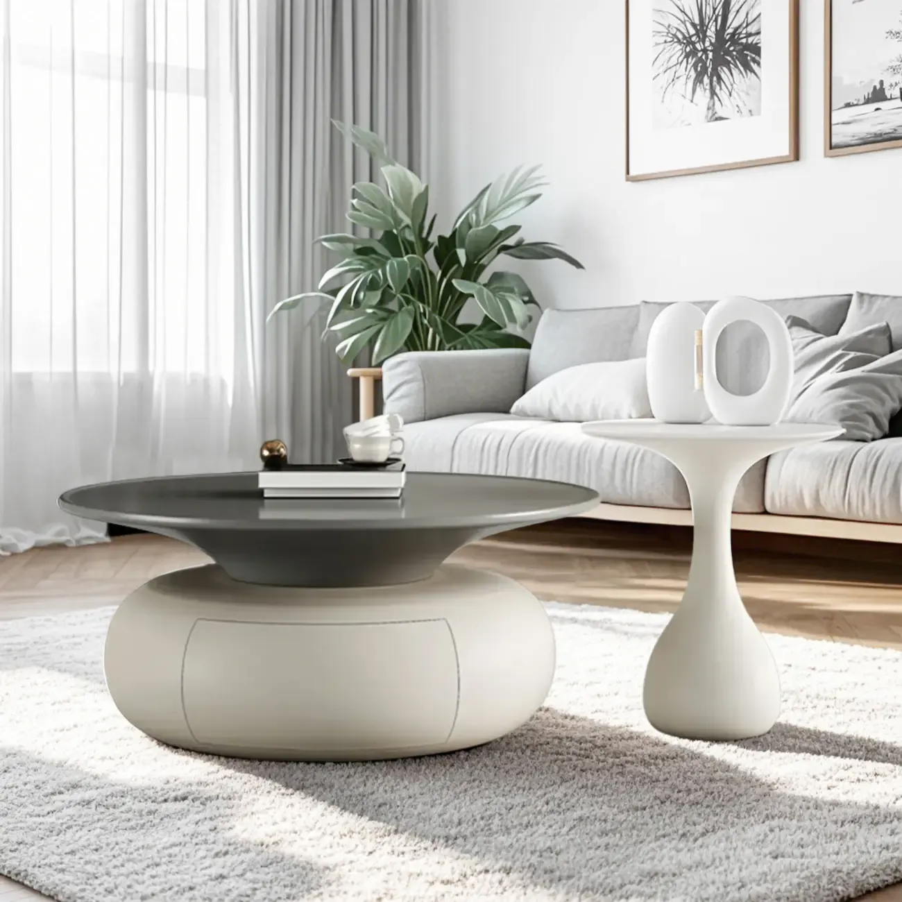 Beige Gray Modern Round Wood Coffee Table with Storage Image - 1