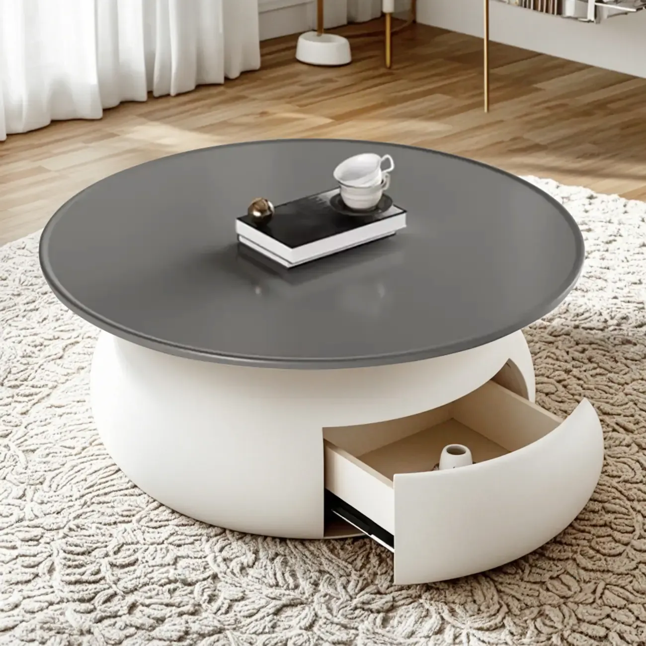 Beige Gray Modern Round Wood Coffee Table with Storage Image - 2