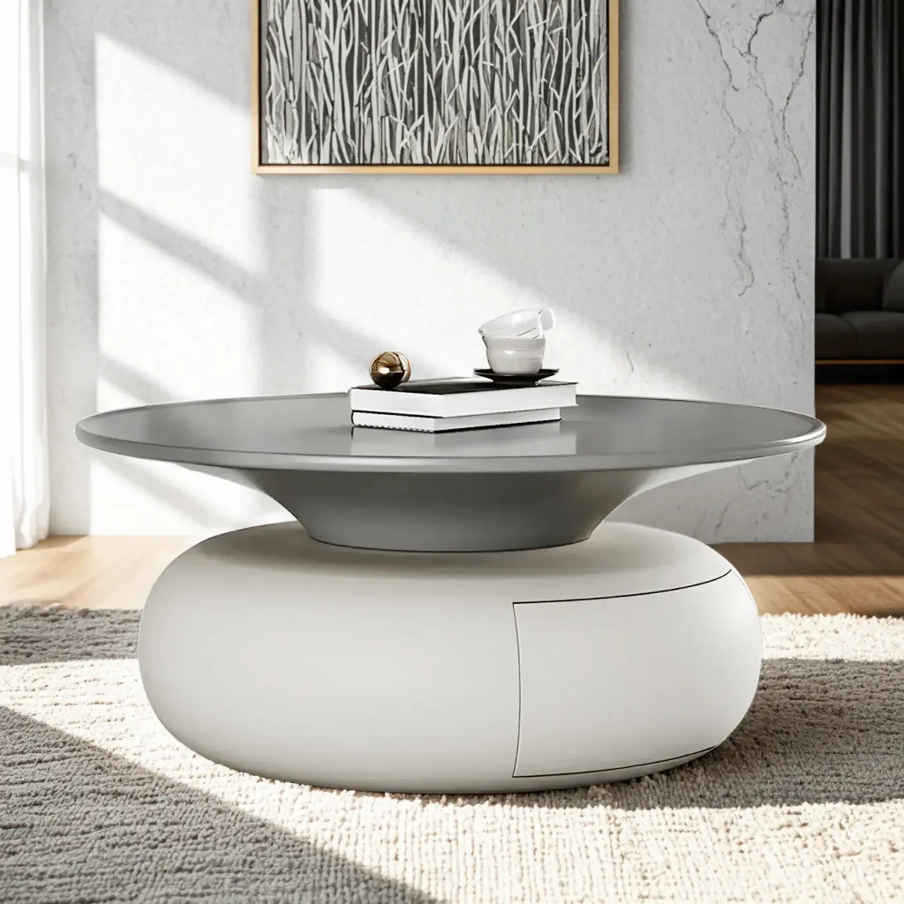 Beige Gray Modern Round Wood Coffee Table with Storage Image - 3 | homeyfad