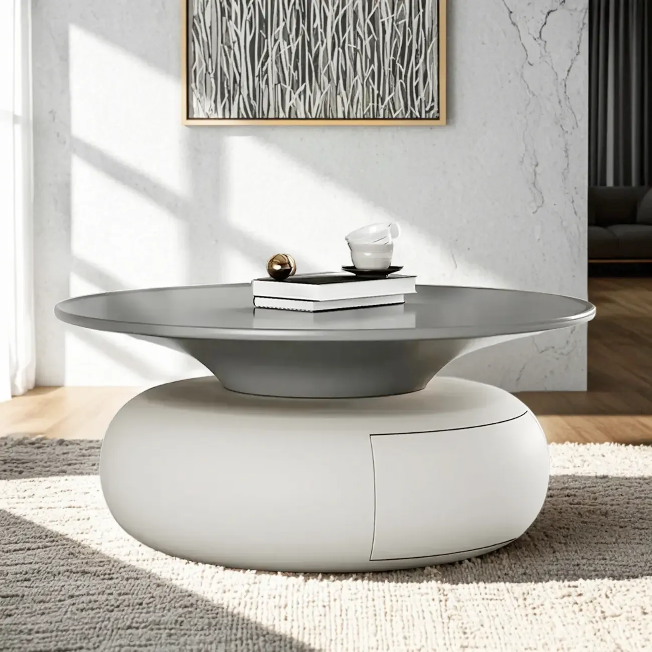 Beige Gray Modern Round Wood Coffee Table with Storage Image - 3
