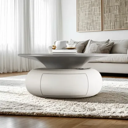 Beige Gray Modern Round Wood Coffee Table with Storage Image - 7