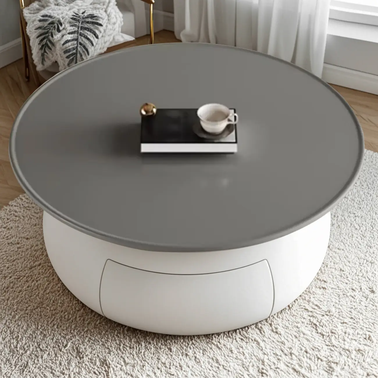 Beige Gray Modern Round Wood Coffee Table with Storage Image - 8 | homeyfad