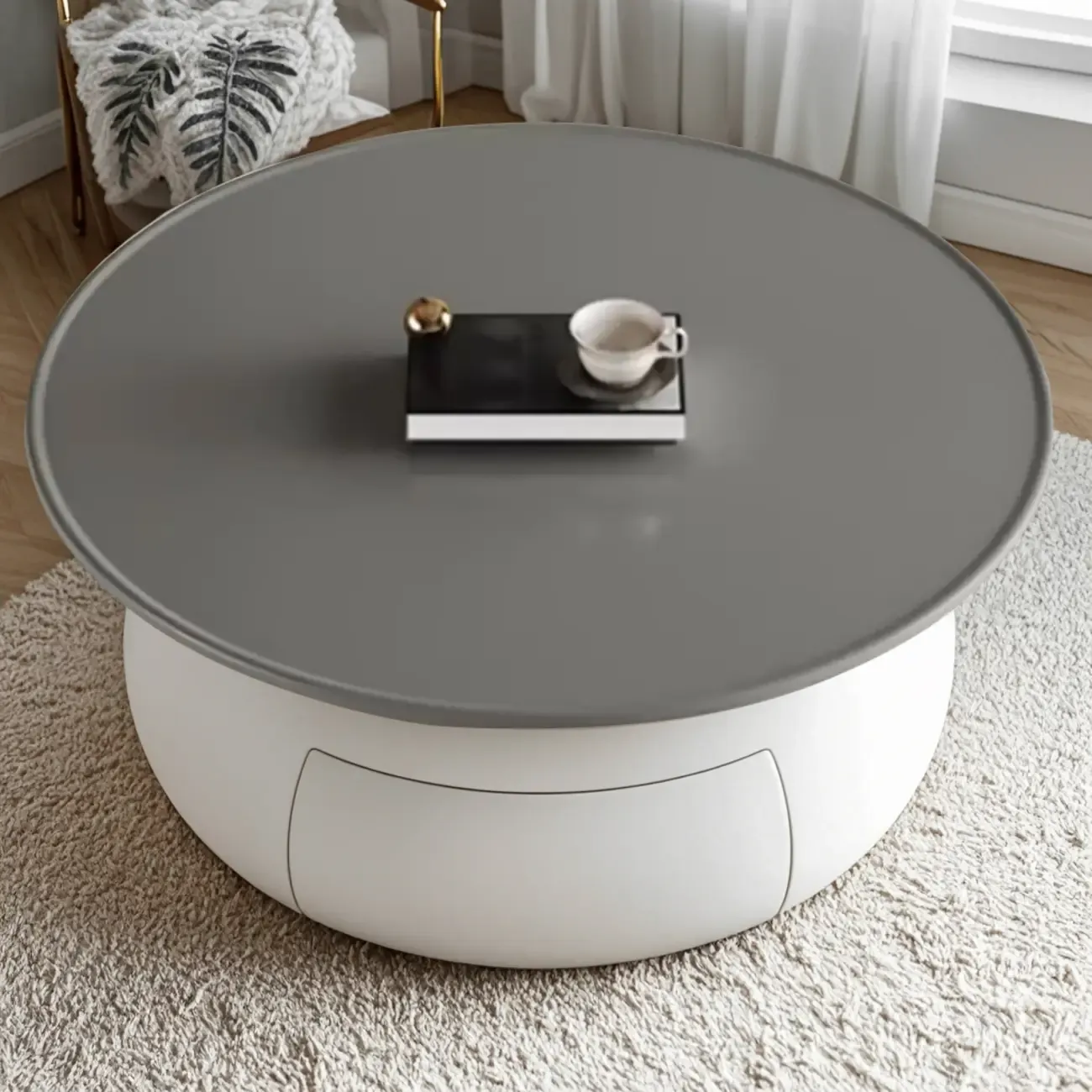 Beige Gray Modern Round Wood Coffee Table with Storage Image - 8