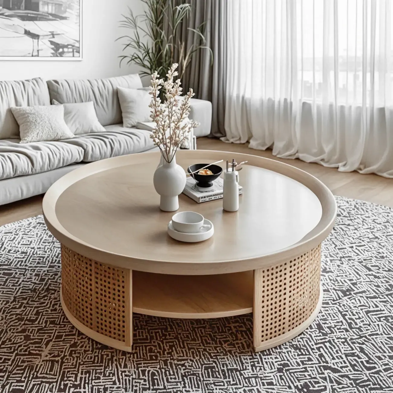 Chic Tray Top Rounded Ash Wood Shelf Coffee Table Image - 1