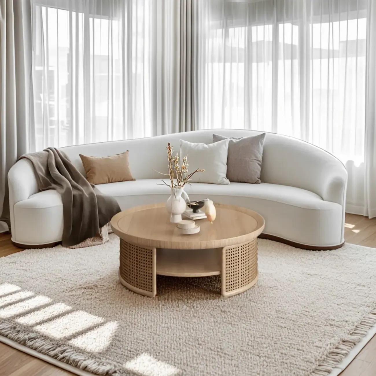 Chic Tray Top Rounded Ash Wood Shelf Coffee Table Image - 4