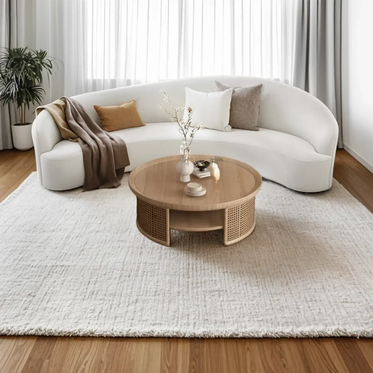Chic Tray Top Rounded Ash Wood Shelf Coffee Table Image - 5