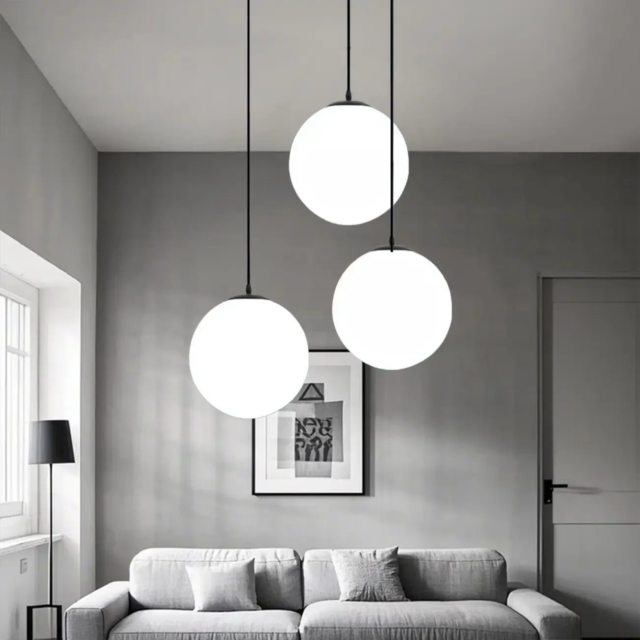 Modern White Glass Globe Pendant Light with Black Rope for Living Room Image - 1
