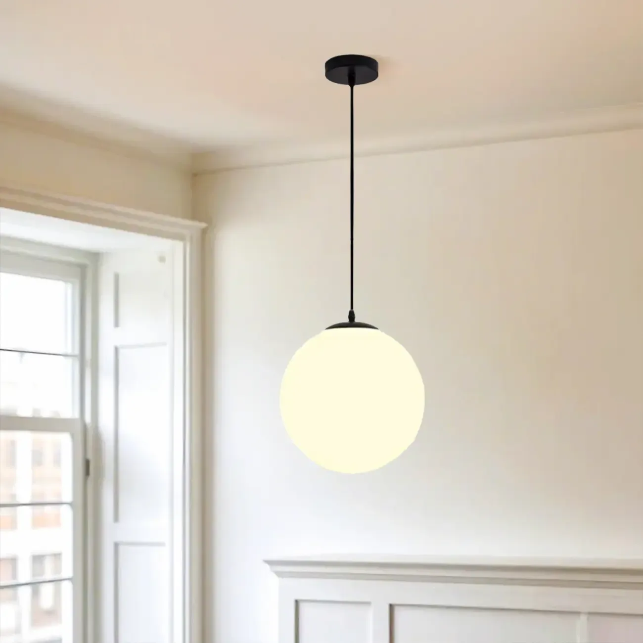 Modern White Glass Globe Pendant Light with Black Rope for Living Room Image - 2