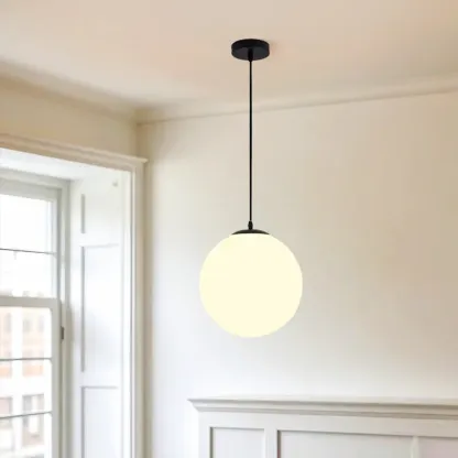 Modern White Glass Globe Pendant Light with Black Rope for Living Room Image - 2