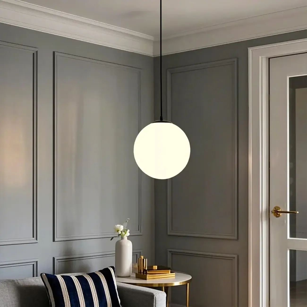 Modern White Glass Globe Pendant Light with Black Rope for Living Room Image - 5