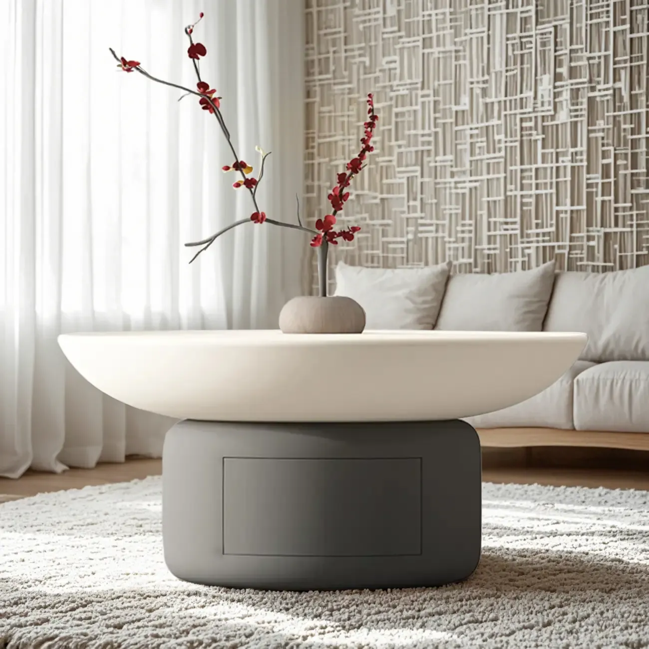 Gray White Round Minimal Wood Coffee Table with Drawer Image - 1