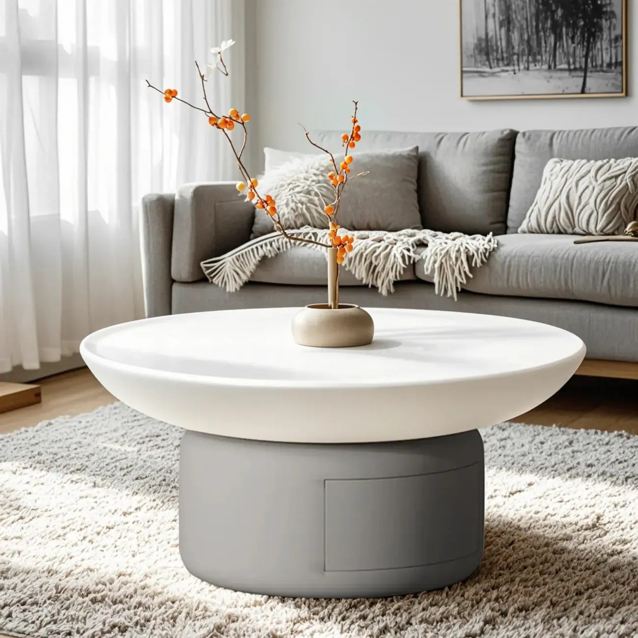 Gray White Round Minimal Wood Coffee Table with Drawer Image - 3