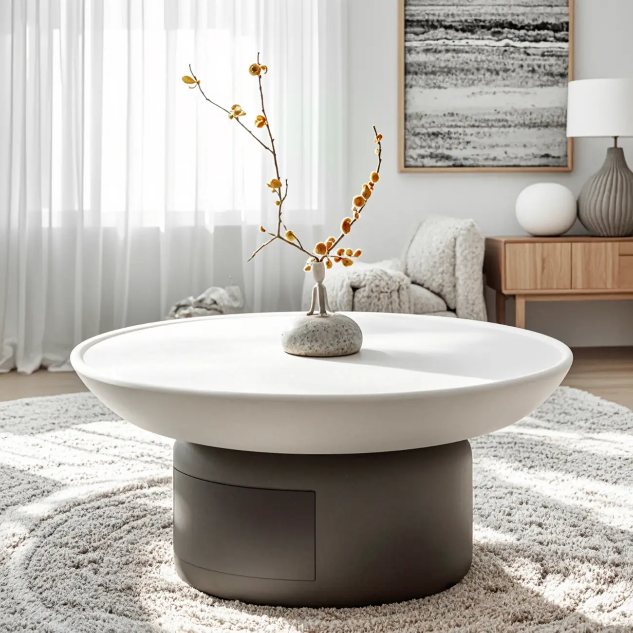Gray White Round Minimal Wood Coffee Table with Drawer Image - 4 | homeyfad