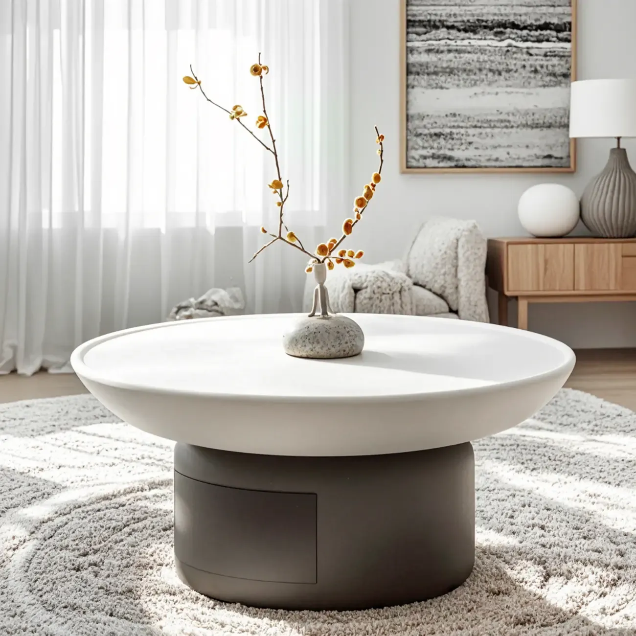 Gray White Round Minimal Wood Coffee Table with Drawer Image - 4