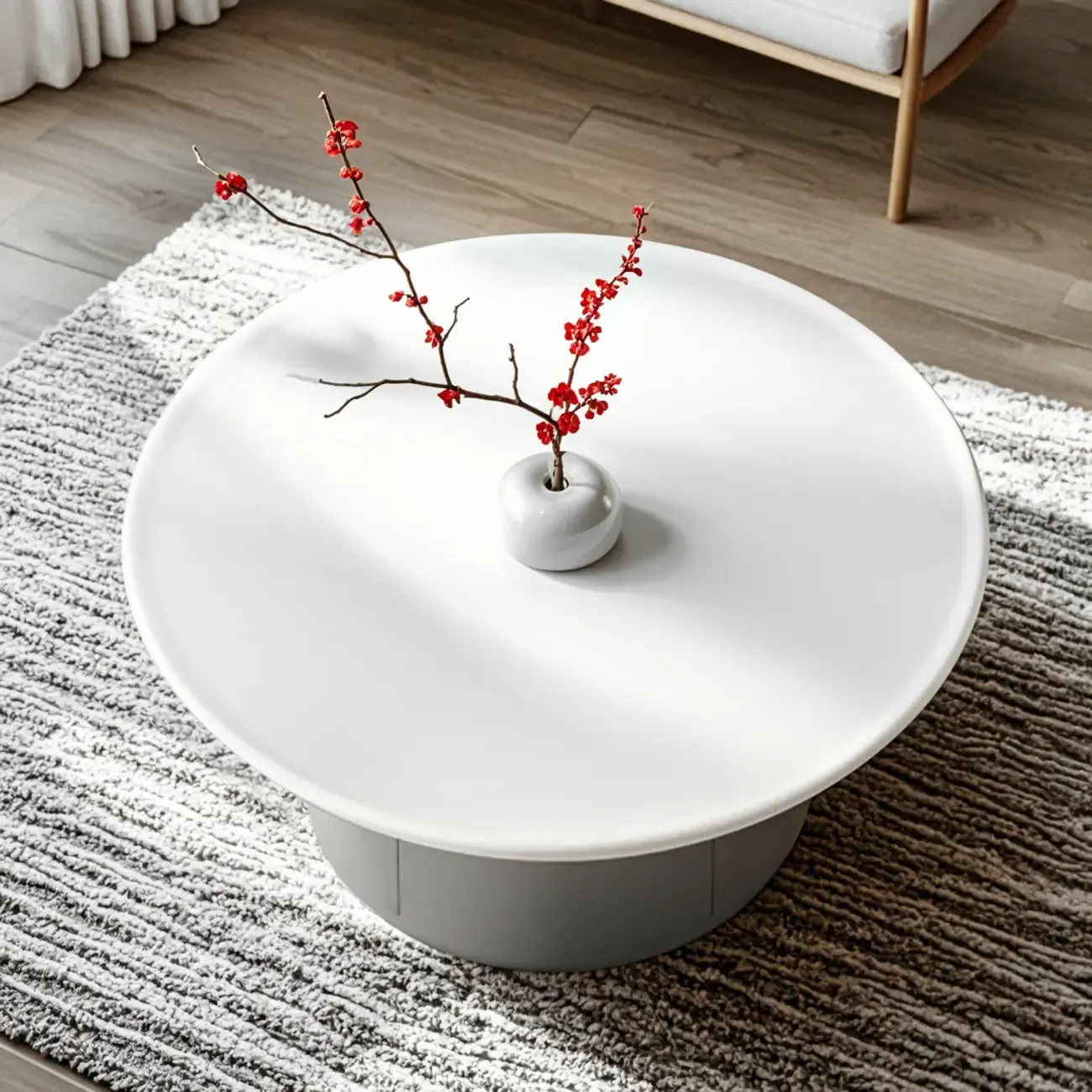 Gray White Round Minimal Wood Coffee Table with Drawer Image - 5