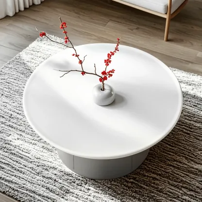 Gray White Round Minimal Wood Coffee Table with Drawer Image - 5