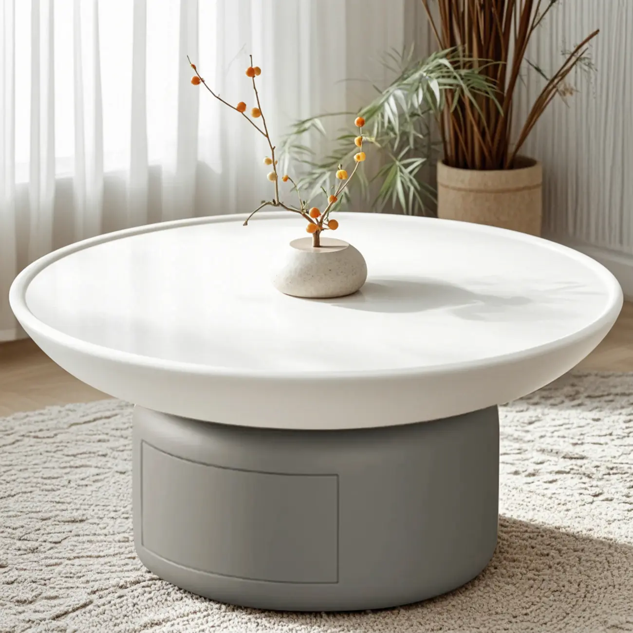 Gray White Round Minimal Wood Coffee Table with Drawer Image - 6 | homeyfad