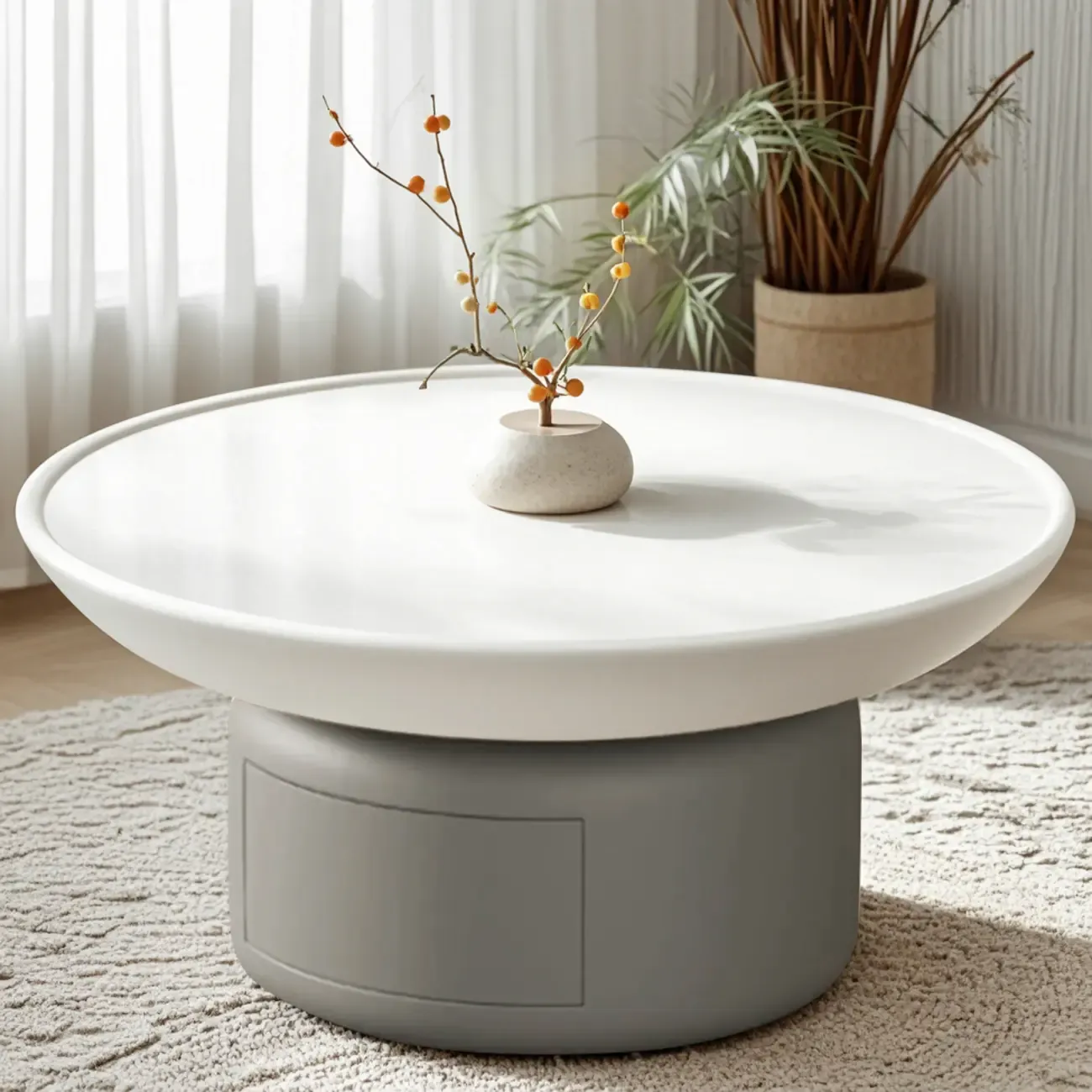 Gray White Round Minimal Wood Coffee Table with Drawer Image - 6