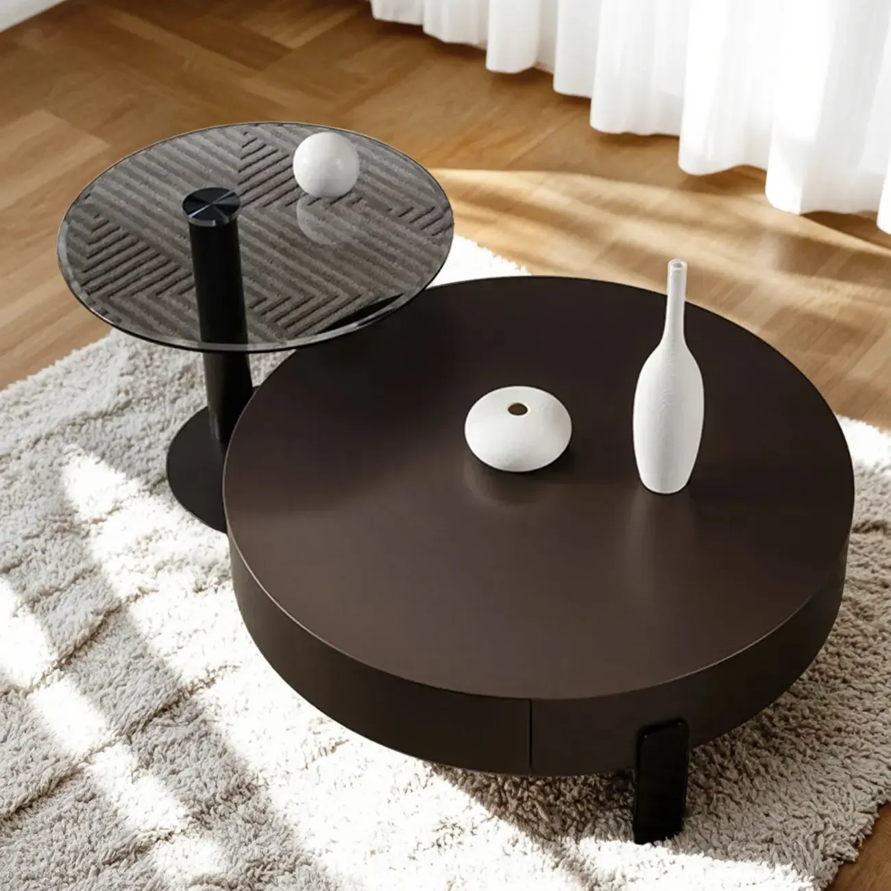 Brown Modern Elegant Round Wood Coffee Table with Storage Image - 1