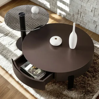 Brown Modern Elegant Round Wood Coffee Table with Storage Image - 2