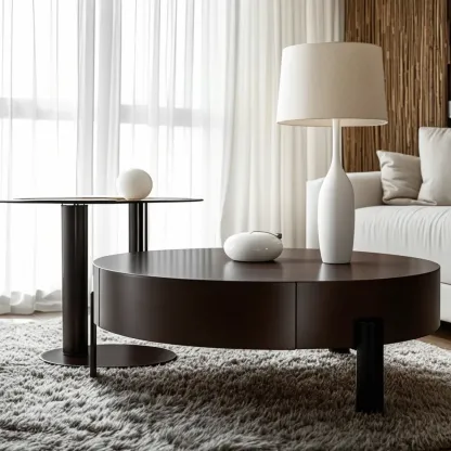 Brown Modern Elegant Round Wood Coffee Table with Storage Image - 4