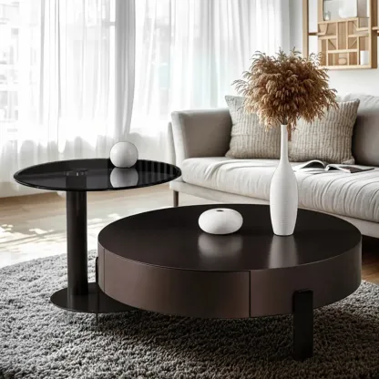 Brown Modern Elegant Round Wood Coffee Table with Storage Image - 6