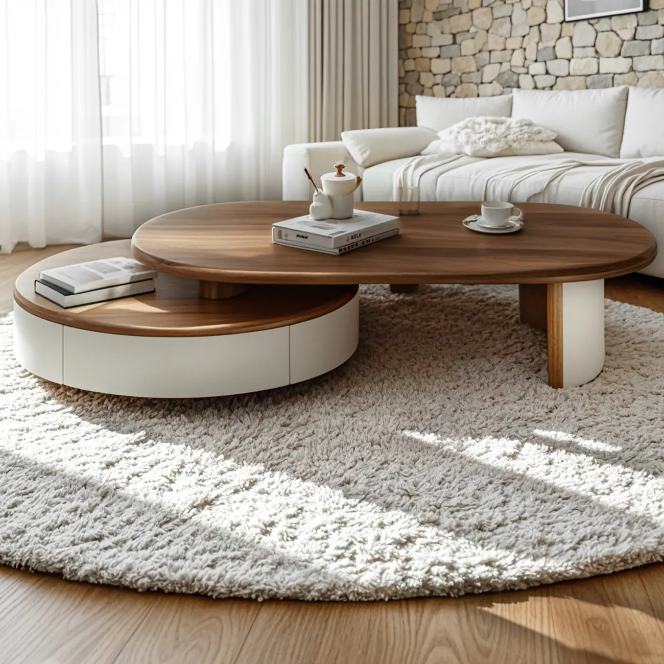Modern Brown Beige Nest Wooden Rounded Drawer Coffee Table Image - 1 | homeyfad